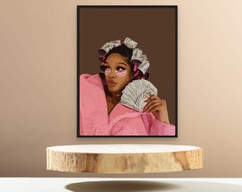 Póster de mujer negra glamurosa: Impresión artística afro de dinero y lujo