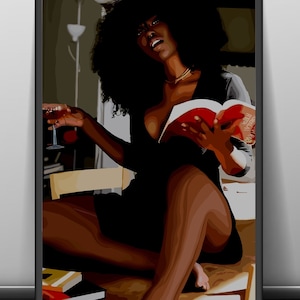 Black Woman Reading Art Print: Wine, Abstract Illustration (Digital Download)