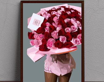 May include: A framed illustration of a person holding a large bouquet of pink and red roses. The roses are wrapped in pink tissue paper and tied with a ribbon. The person is wearing a pink and white striped dress.