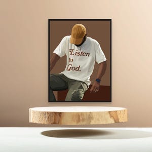 May include: A digital illustration of a person wearing a white t-shirt with the text "Listen to God." The person is wearing a yellow baseball cap and khaki pants. The background is a brown color.