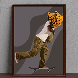 Black man art with sunflower bouquet, black man wall art, abstract art, urban wall art, black male art, black man art, African black man art