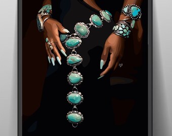 Impresión artística de moda de mujer negra: Joyería turquesa afro (descarga digital)