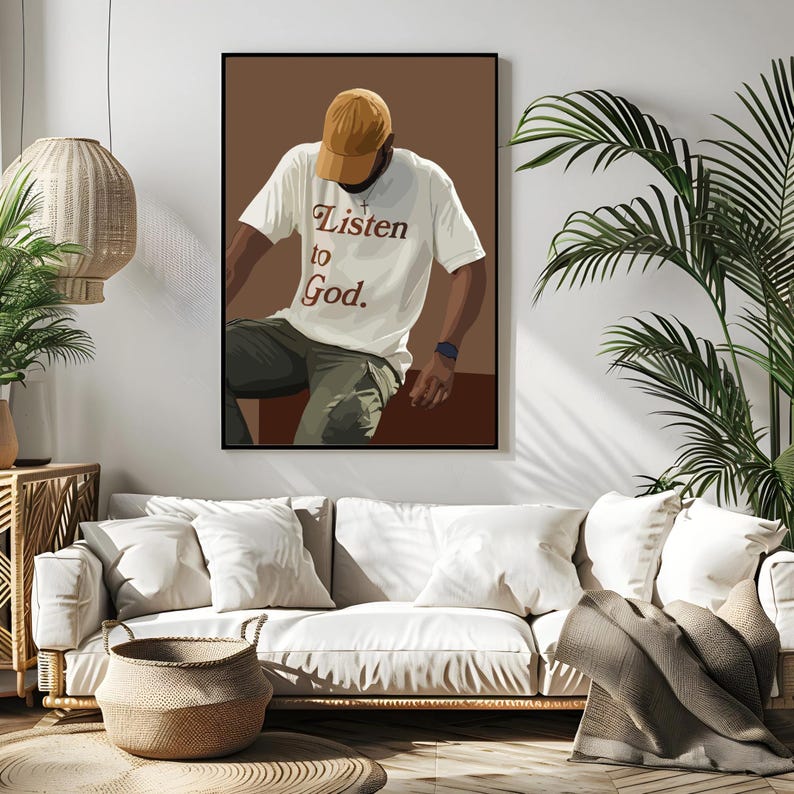 May include: A digital illustration of a person wearing a white t-shirt with the text "Listen to God." The person is wearing a brown cap and khaki pants. The background is brown.