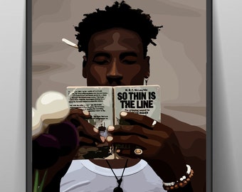 Lámina artística de un hombre negro leyendo: Ilustración abstracta urbana (descarga digital)