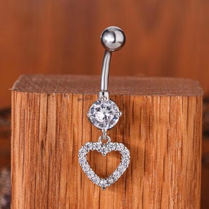 14K Gold Heart Dangle Belly Button Ring: Lab-Grown Diamond Navel Piercing