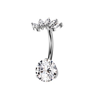 Half Crown Moissanite Diamond Belly Button Ring 14K White Gold Navel Jewelry Nature-Inspired Curved Barbell Personalized Trendy Piercing