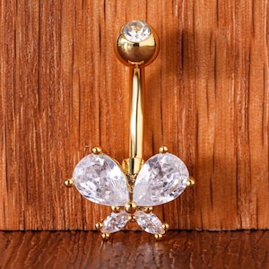 Butterfly Belly Button Ring in 14K Gold with Lab Grown Diamond Navel Piercing Curved Barbell 14K Gold Navel Jewelry Gift for Her