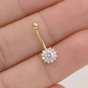 Solid 14K Gold Moissanite Diamond Navel Piercing Ring Diamond Curved Barbell for Navel, Eyebrow, Rook.