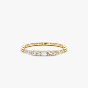 14K Gold Baguette & Round Diamond Bar Ring | Minimalist Stackable Band