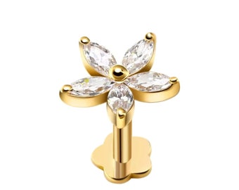 Labret 14K Gold Piercing 5 Moissanite Diamond Petals Flower Top Internally Threaded piercing jewelry/surface piercing