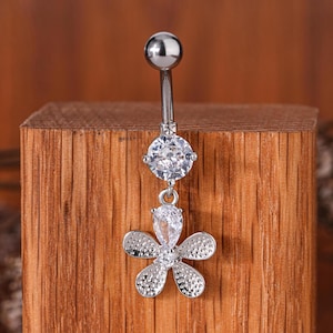 Flower Belly Button Ring | 14K Gold Dangle Navel Piercing | Diamond Belly Ring | Floral Belly Jewelry | Summer Body Jewelry