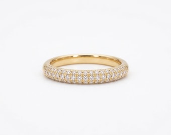 14K Yellow Gold Pave Diamond Band Ring, Minimalist Stackable Wedding Band