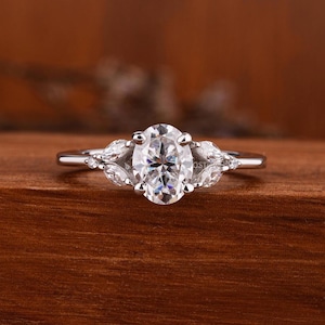 Vintage Oval Lab Grown Diamond Engagement Ring: Three Stone Cluster Promise Ring