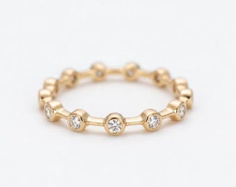 Bezel Diamond Dot Ring, 14K Yellow Gold Stackable Band, Modern Wedding Everyday Jewelry
