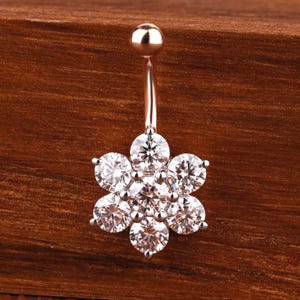 14K Gold Floral Diamond Belly Ring: 14G Navel Piercing