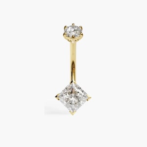 naval piercing 14K Gold Pave Belly Ring with Princess Cut Diamond | Handmade Navel Jewelry | Trendy Curved Barbell | Diamond Navel Ring