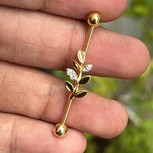 14k Gold Industrial Barbell: Lab Grown Diamond Piercing Jewelry