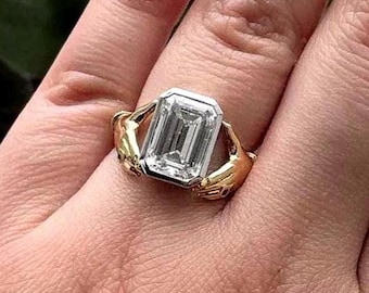 1.00Ct Emerald Cut Lab Grown Diamond Engagement Ring Celestial Gold Hands Design Ring