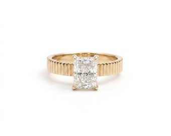 Radiant Cut Diamond Ring, 14K Yellow Gold Ribbed Band, Minimalist Bridal Engagement Ring