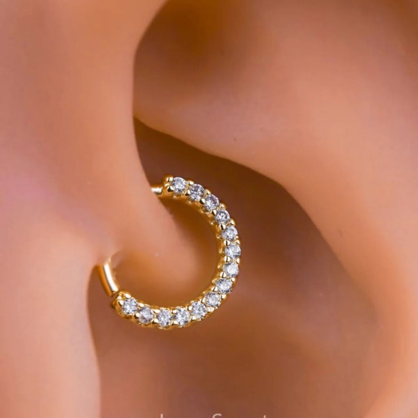 14K Solid Gold Moissanite diamond Cartilage Piercing Earring  Hoop /Hinged Ring/Septum Jewelry/Daith Conch Ring/Helix Piercing/snug prisnug