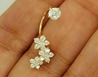 14K Gold Flower Belly Ring Diamond Navel Piercing
