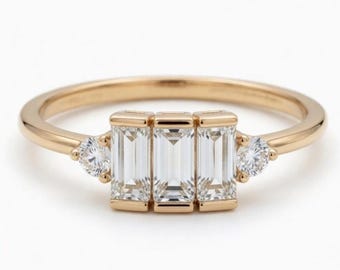 Three Stone Baguette Diamond Ring, Minimalist Trilogy Step Cut Engagement Ring
