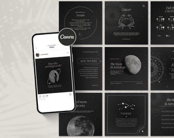 May include: A black and white graphic design with a moon and stars. The text "The Moon in Astrology" is in the center of the graphic. The graphic is part of a set of nine Instagram posts about astrology.