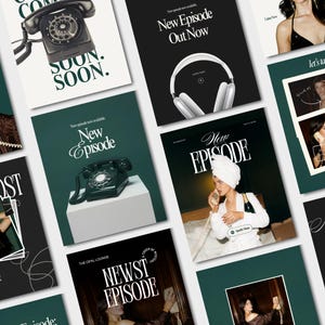 Peut inclure: Plusieurs affiches promotionnelles avec un schéma de couleurs vert foncé et blanc. Les affiches présentent des images d'un téléphone vintage, d'écouteurs et de personnes. Le texte comprend "New Episode" et "Soon."