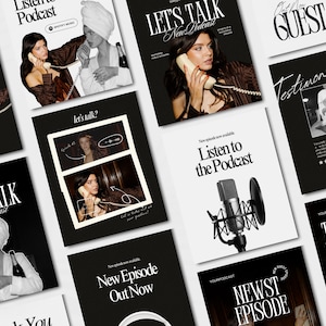May include: A selection of podcast promotional materials in black and white. The designs incorporate images of people using vintage telephones, with text including "Listen to the Podcast" and "New Episode Out Now." The overall theme is vintage.