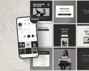 May include: A black and white Instagram post template for a podcast. The template includes a profile picture, a list of upcoming episodes, a new episode announcement, and a call to action to listen on Spotify. The text on the template includes "New Episode Out Now", "Coming Episodes", "Listen on Spotify", and "New Guest".