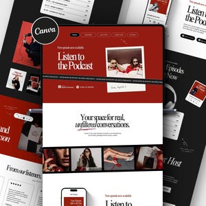 May include: A digital website template design featuring a dark red and black color scheme with white typography. The layout includes sections titled Listen to the Podcast, Your space for real, unfiltered conversations, and From our listeners.