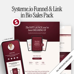May include: A digital marketing sales pack for Systeme.io featuring a mobile phone interface and a landing page layout. The design uses a deep burgundy and cream color scheme with text including Systeme.io Funnel & Link in Bio Sales Pack.
