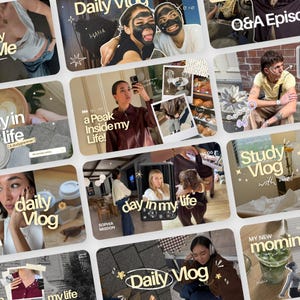 May include: A digital collage of multiple video thumbnails featuring lifestyle content, daily vlogs, and study sessions. The images include text overlays such as Daily Vlog, One Day With Me, Q&A Episode, A Day In My Life, and Study Vlog with me.