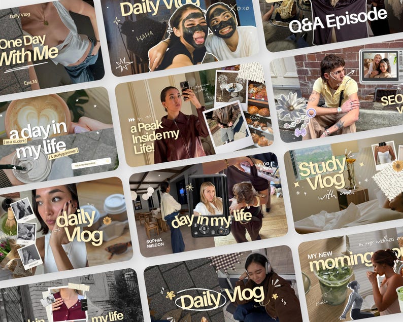 May include: A digital collage of multiple video thumbnails featuring lifestyle content, daily vlogs, and study sessions. The images include text overlays such as Daily Vlog, One Day With Me, Q&A Episode, A Day In My Life, and Study Vlog with me.