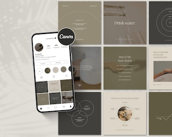 May include: A phone screen displaying a social media profile with the username "vivostudio" and a grid of nine images. The images are in a minimalist style with neutral colors and feature text about wellness, water intake, and the menstrual cycle. The text on the phone screen reads "Drink water", "Start of the Week Check In", "How to track and live by your menstrual cycle", and "Six ways to increase water intake".