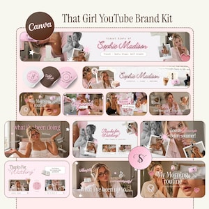 Puede incluir: Un kit de marca digital para YouTube que presenta una colección de banners de canal, miniaturas de video e iconos de perfil en una paleta de colores rosa suave y blanco. Los gráficos incluyen texto como That Girl YouTube Brand Kit, Visual Diary of Sophie Madison, My Morning Routine y Thanks for Watching, junto con varios elementos fotográficos.