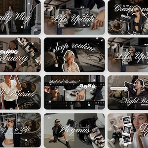 May include: A collection of twelve digital thumbnail templates featuring lifestyle photography, including images of a person in a trench coat, a camera, a person in a towel, and various clothing items, with white cursive text overlays like Daily Vlog and Life Updates.