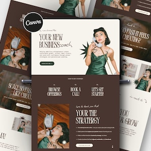 May include: A digital website template design featuring a dark brown and cream color palette. The layout includes text headers such as YOUR NEW BUSINESS COACH, BROWSE OFFERINGS, BOOK A CALL, LETS GET STARTED, and YOUR THE STRATEGY with imagery.