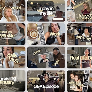 May include: A collage of twelve digital video thumbnails featuring lifestyle content with overlaid white text such as Sunday reset, a day in my life, One Day With Me, Work Diaries, Real Life Diaries, Surviving January, Q&A Episode, and girls night in the city.