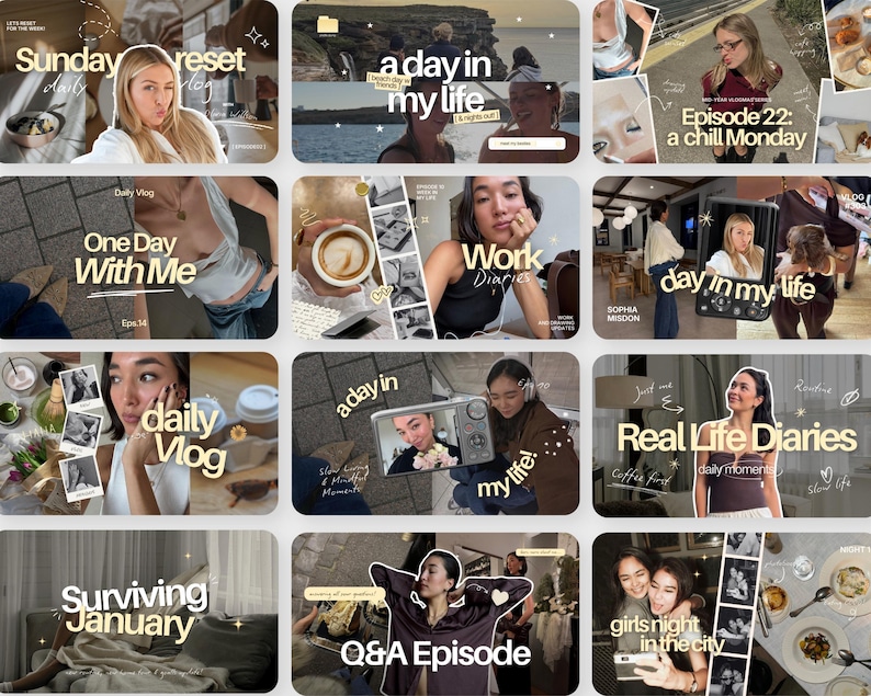 May include: A collage of twelve digital video thumbnails featuring lifestyle content with overlaid white text such as Sunday reset, a day in my life, One Day With Me, Work Diaries, Real Life Diaries, Surviving January, Q&A Episode, and girls night in the city.