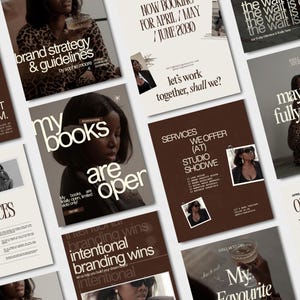 Könnte beinhalten: Eine Sammlung von Werbeflyern in Braun- und Cremetönen. Die Flyer zeigen Texte wie "Brand Strategy & Guidelines", "My Books Are Open" und "Services We Offer". Bilder einer Frau sind ebenfalls enthalten.