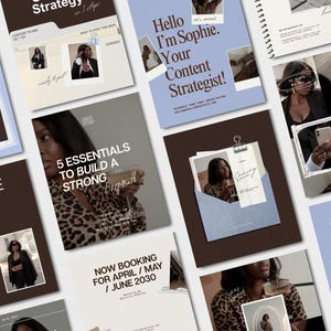 May include: A selection of marketing materials, including flyers and cards, showcasing a woman in different poses. The materials feature text such as "Hello I'm Sophie. Your Content Strategist!" and "5 Essentials to Build a Strong Brand!"