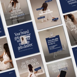 Könnte beinhalten: Eine Sammlung von Social-Media-Grafikvorlagen in einer dunkelblauen und weißen Farbpalette. Die Designs umfassen typografieorientierte Layouts mit Phrasen wie 'Your brand gets stronger when your message gets clearer' und 'being good isn't the same as being known' sowie fotografische Elemente.