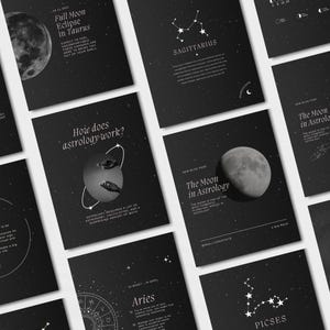 May include: A collection of black rectangular cards featuring white text and illustrations related to astrology. The designs include constellations, moon phases, zodiac signs like Scorpio, Sagittarius, and Aries, and titles such as The Moon in Astrology.