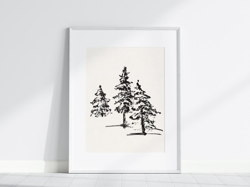 Vintage Black and White Pine Tree Drawing Print Rustic Winter - Etsy