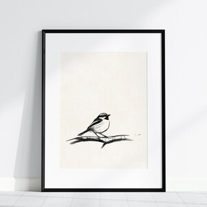 Vintage Black and White Bird Drawing Print, Rustic Sparrow Sketch Wall Art, Simple Bird on Branch Pencil Drawing, Printable Art image 2