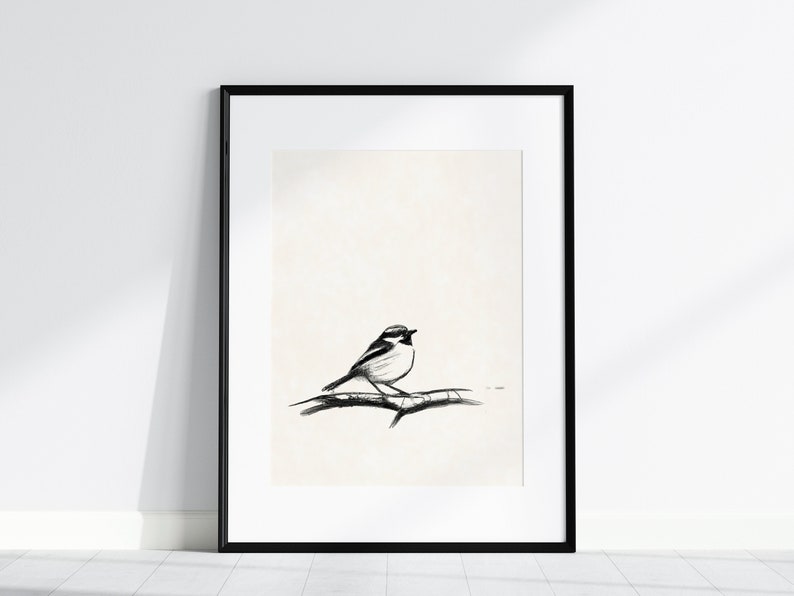 Vintage Black and White Bird Drawing Print, Rustic Sparrow Sketch Wall Art, Simple Bird on Branch Pencil Drawing, Printable Art image 2