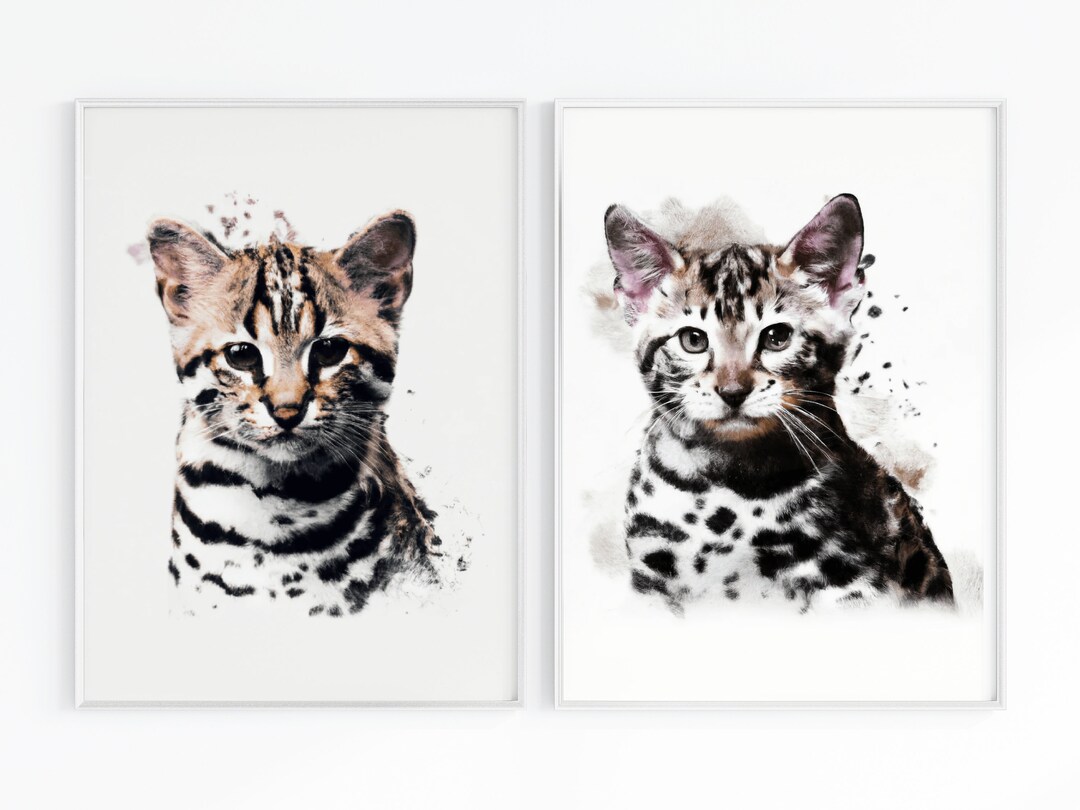 Bengal Kitten Wall Art, Cute Watercolor Cat Painting Prints, Set of 2