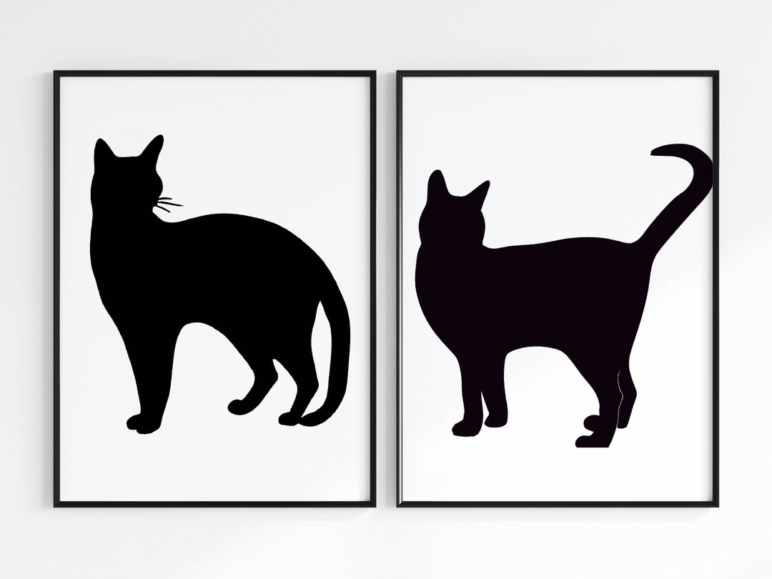 Black Cat Wall Art Set of 2 Abstract Cat Prints Modern Cat Etsy