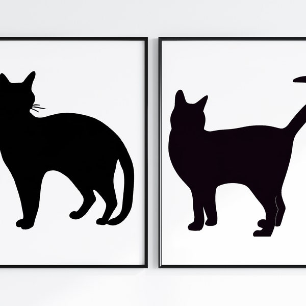 Black Cat Wall Art, Set of 2 Abstract Cat Prints, Modern Cat Silhouette Poster, Minimal Black and White Cat Lover Wall Art, Printable Art